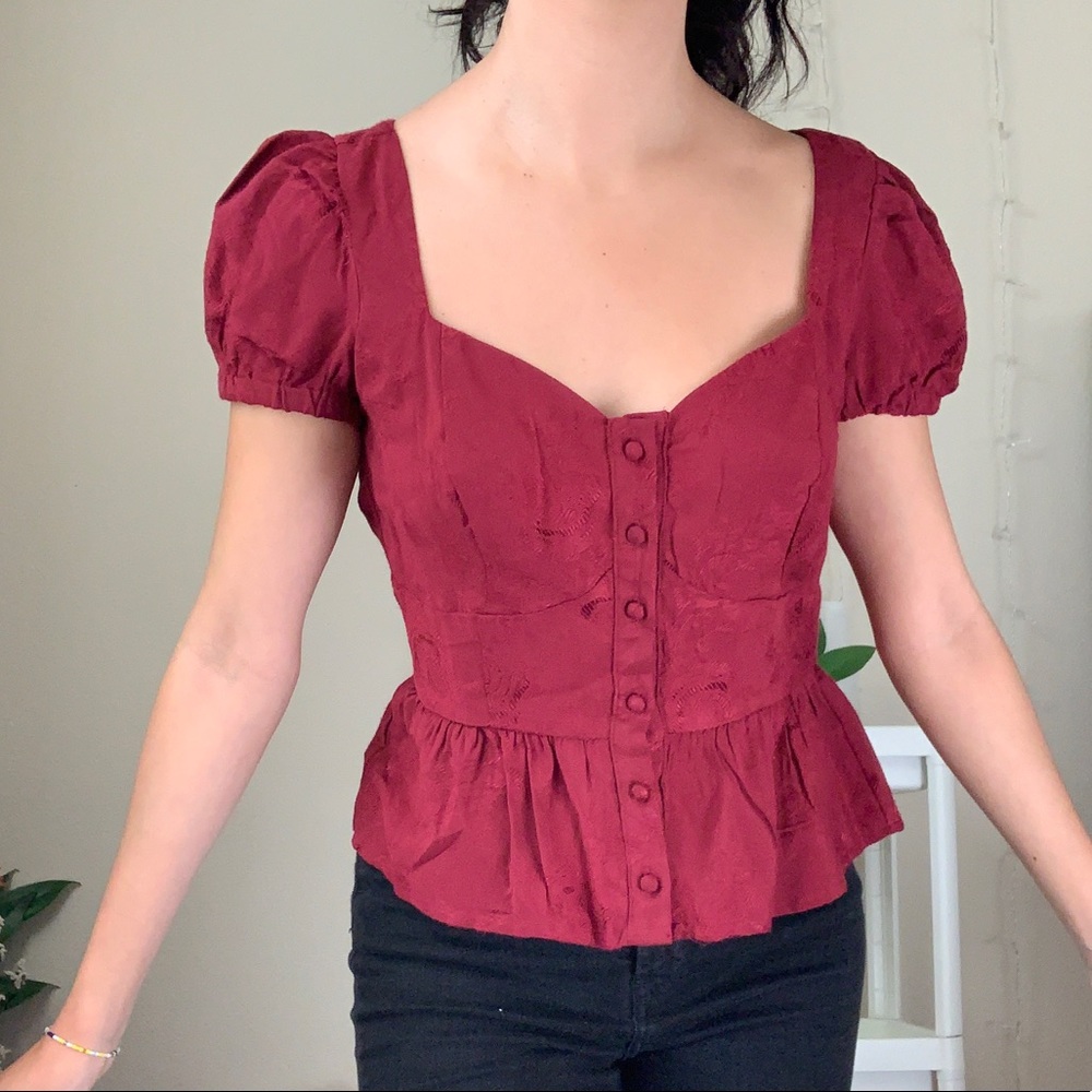 Maroon red baby doll puff sleeve top